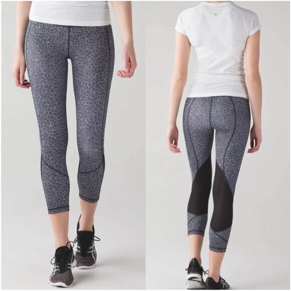 Lululemon Leggings Womens 4 Black White Pace Rival Crop Speckle Floral Mesh Gym - Picture 1 of 10